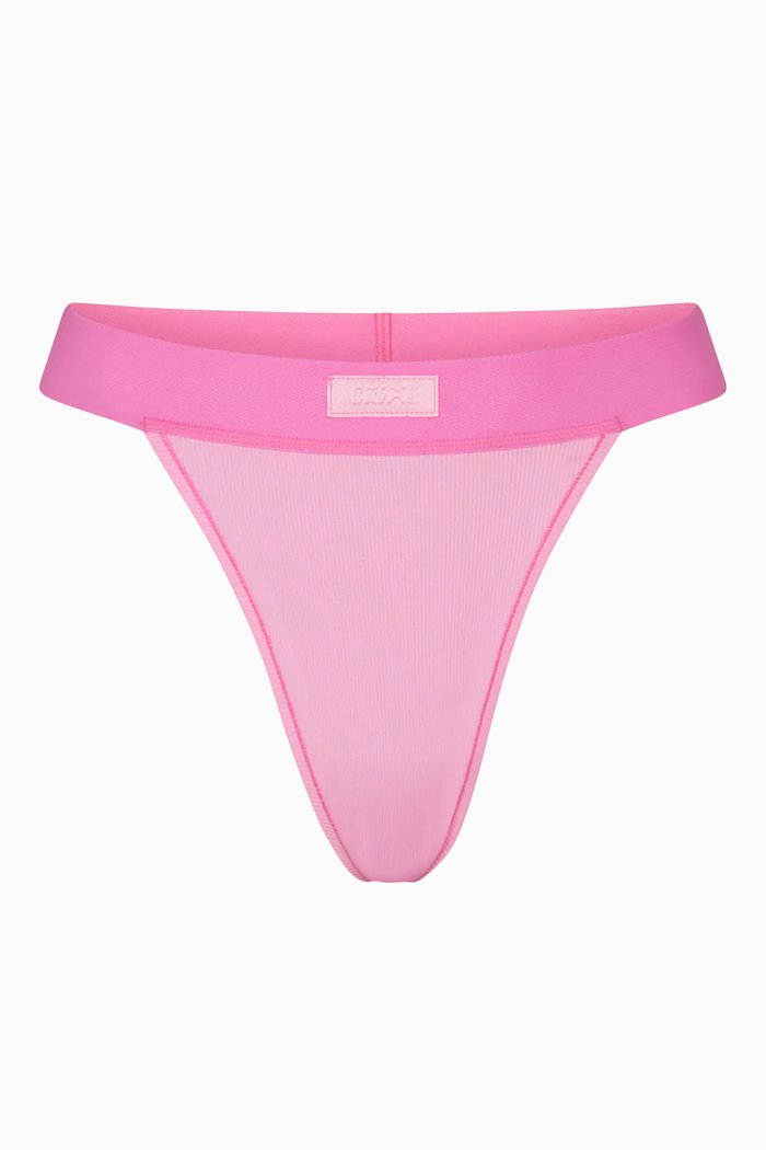 

Ribbed Logo Thong in Stretch-cotton, Pink