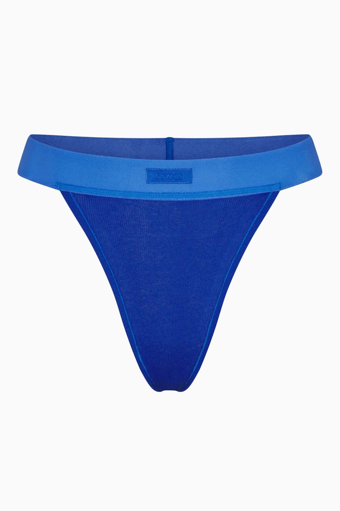 

Ribbed Logo Thong in Stretch-cotton, Blue