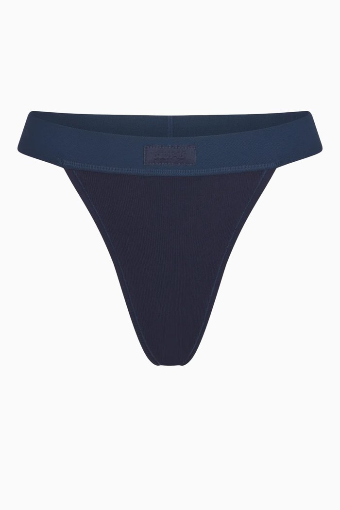 

Ribbed Logo Thong in Stretch-cotton, Blue