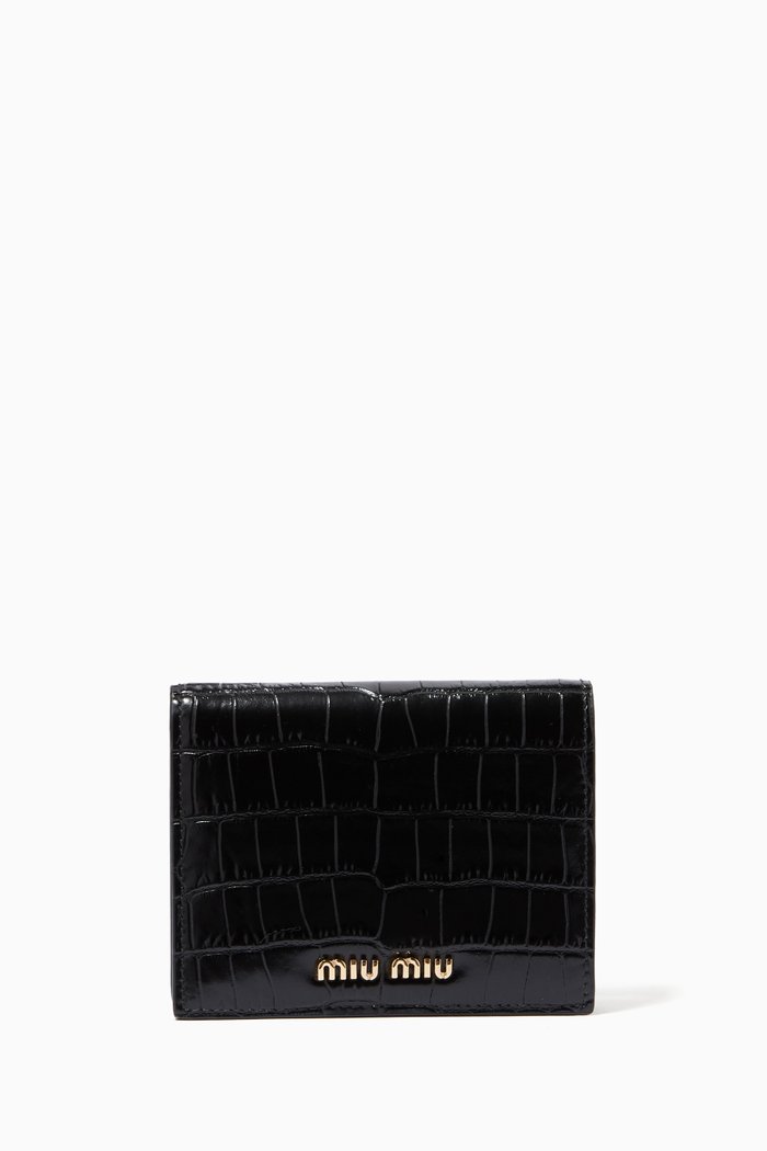 

Flap Wallet in Crocodile-embossed Leather, Black