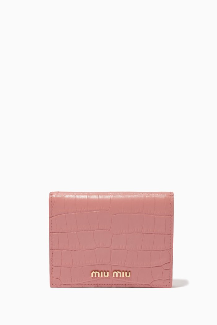 

Flap Wallet in Crocodile-embossed Leather, Pink