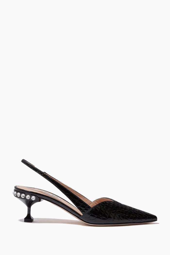 Crystal-Embellished 55 Slingback Pumps in Croco-Print Leather, Black