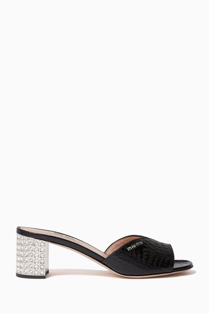 

Jewelled Heel 55 Mule Sandals in Croc-Print Leather, Black