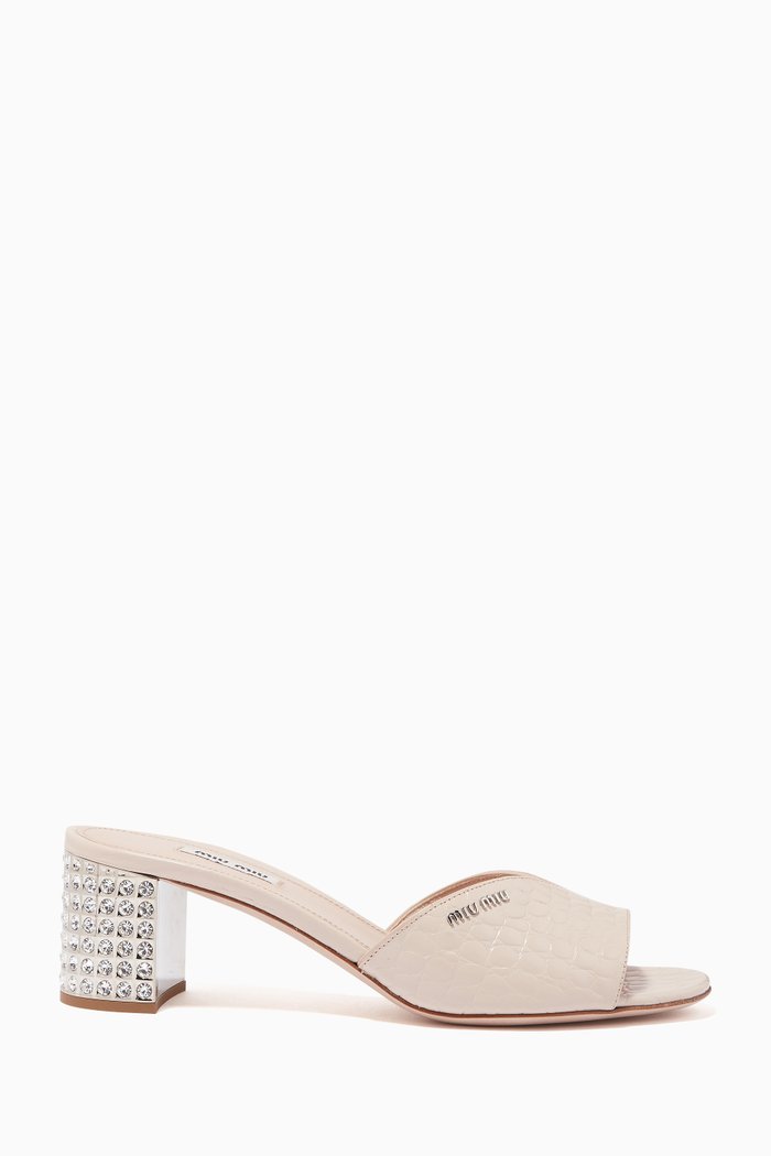

Jewelled Heel 55 Mule Sandals in Croc Print Leather, Pink