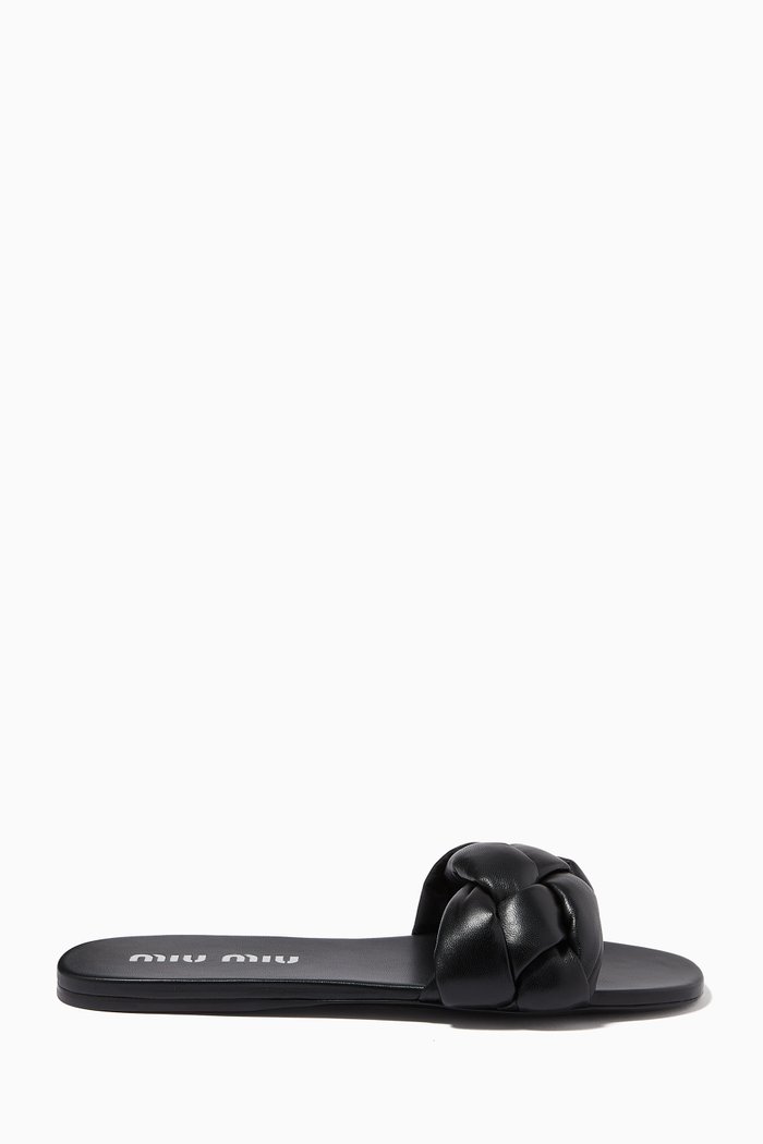 Intrecciato Flat Slides in Leather, Black