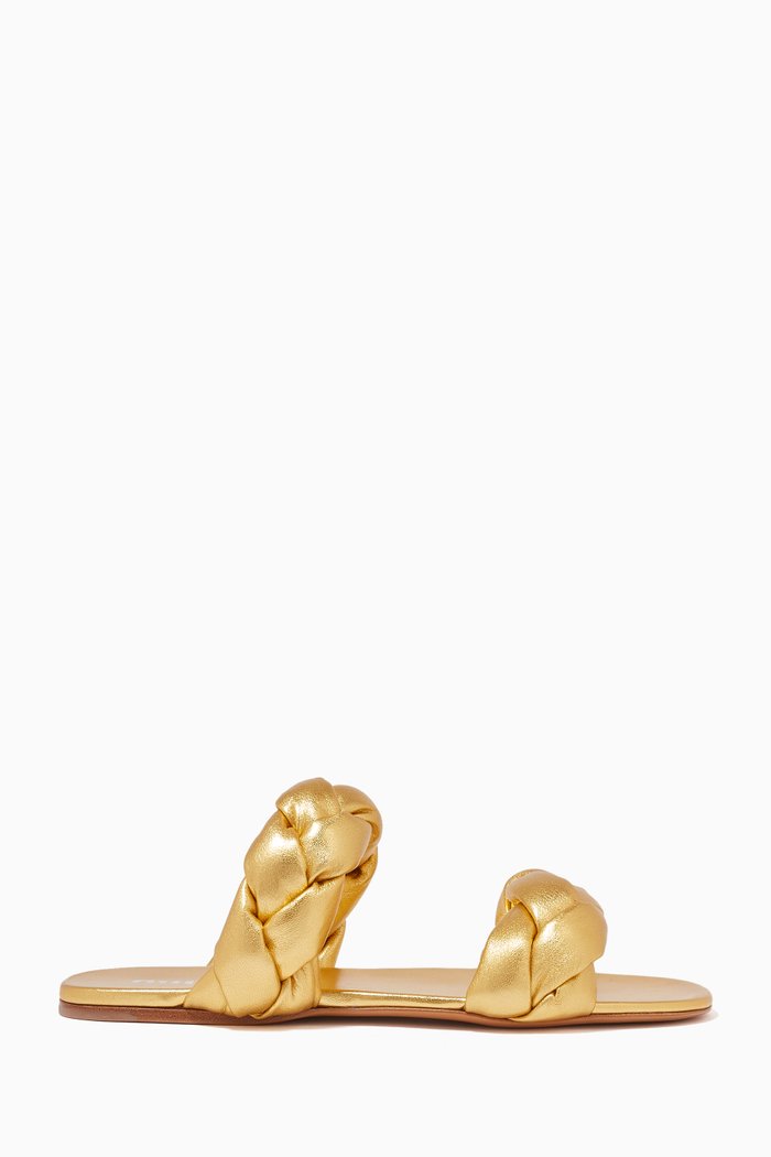 

Intrecciato Flat Slides in Leather, Gold