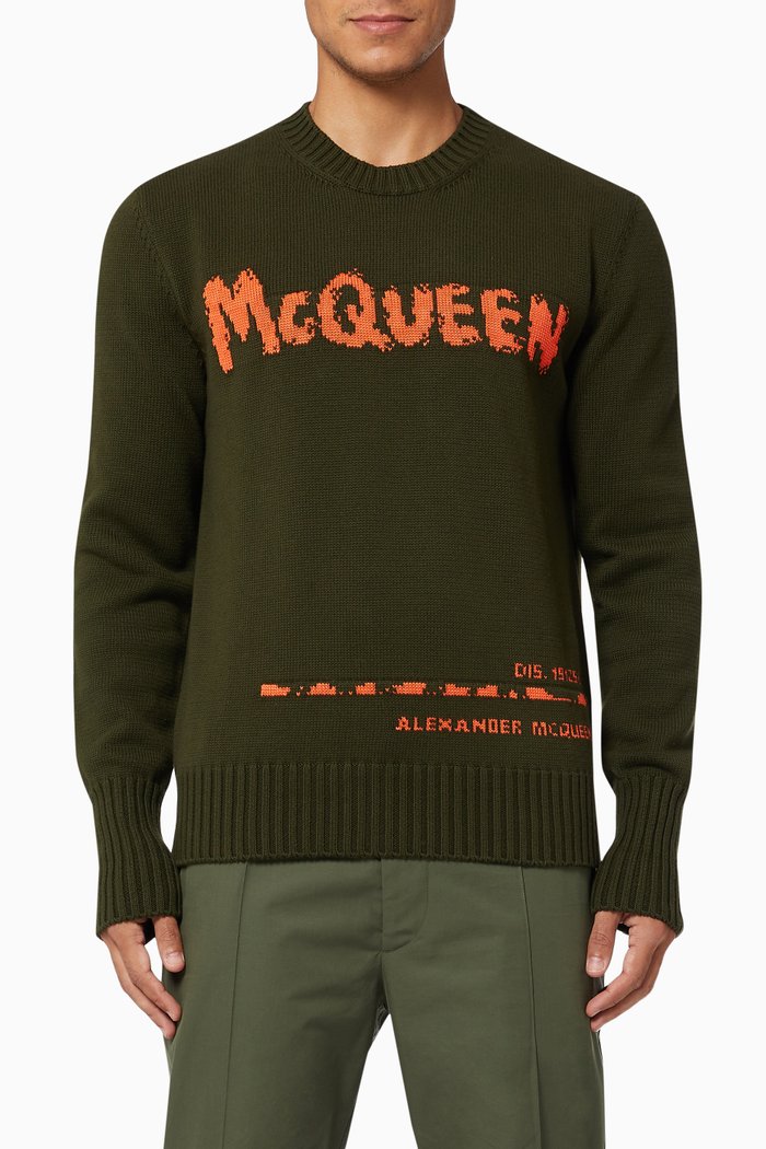 

McQueen Graffiti Crew Neck Jumper in Organic Knit, Brown