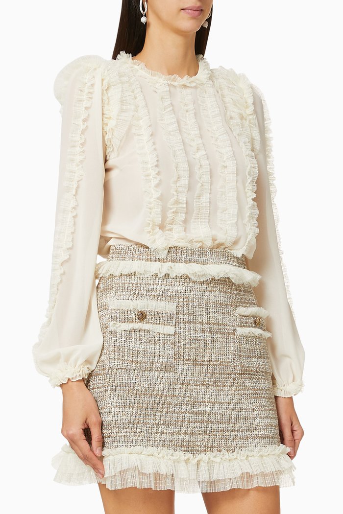 

Frilled Georgette & Tweed Dress, Multicolour