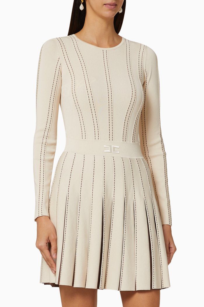 

Contrasting Pleats Knit Dress, Brown