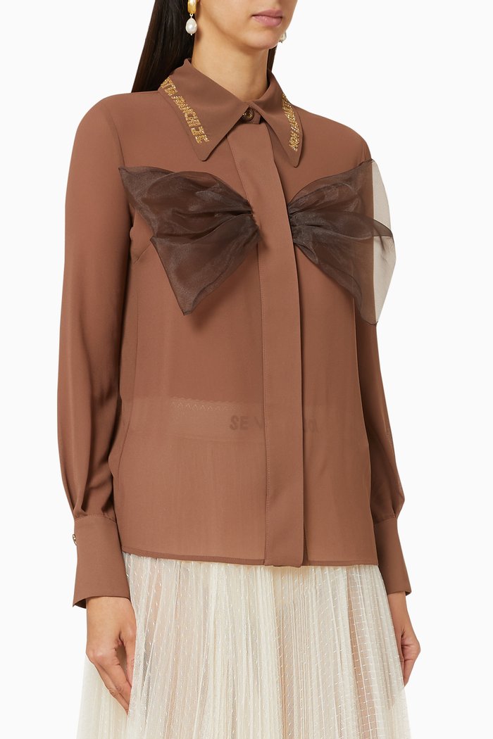 Organza Bow Georgette Blouse, Brown