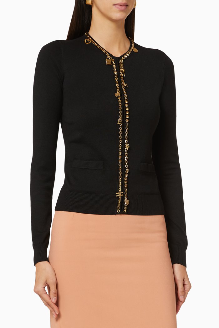 

Chain Appliqué Viscose Knit Cardigan, Black