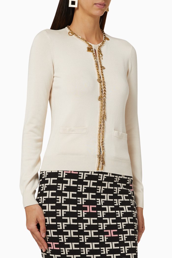 Chain Appliqué Viscose Knit Cardigan, White