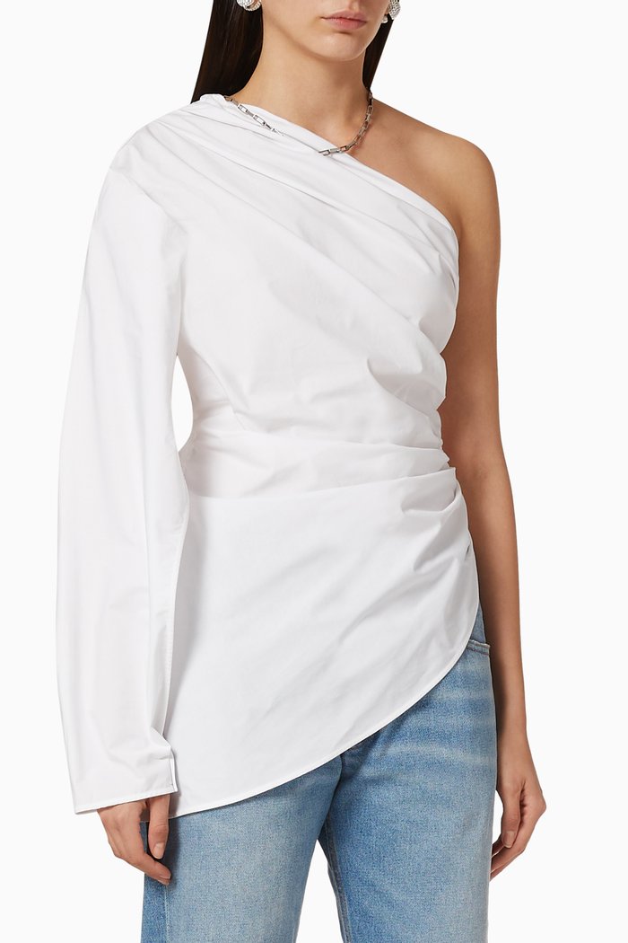 

One-Shoulder Cotton Top with Chain, White