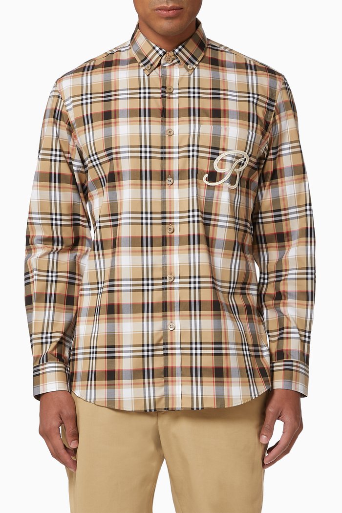 Embroidered B Motif Stretch Cotton Shirt, Neutral