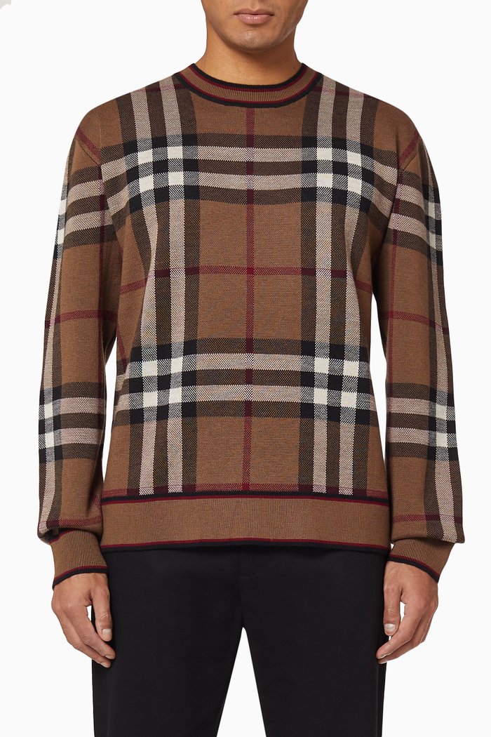 

Check Merino Wool Jacquard Sweater, Brown
