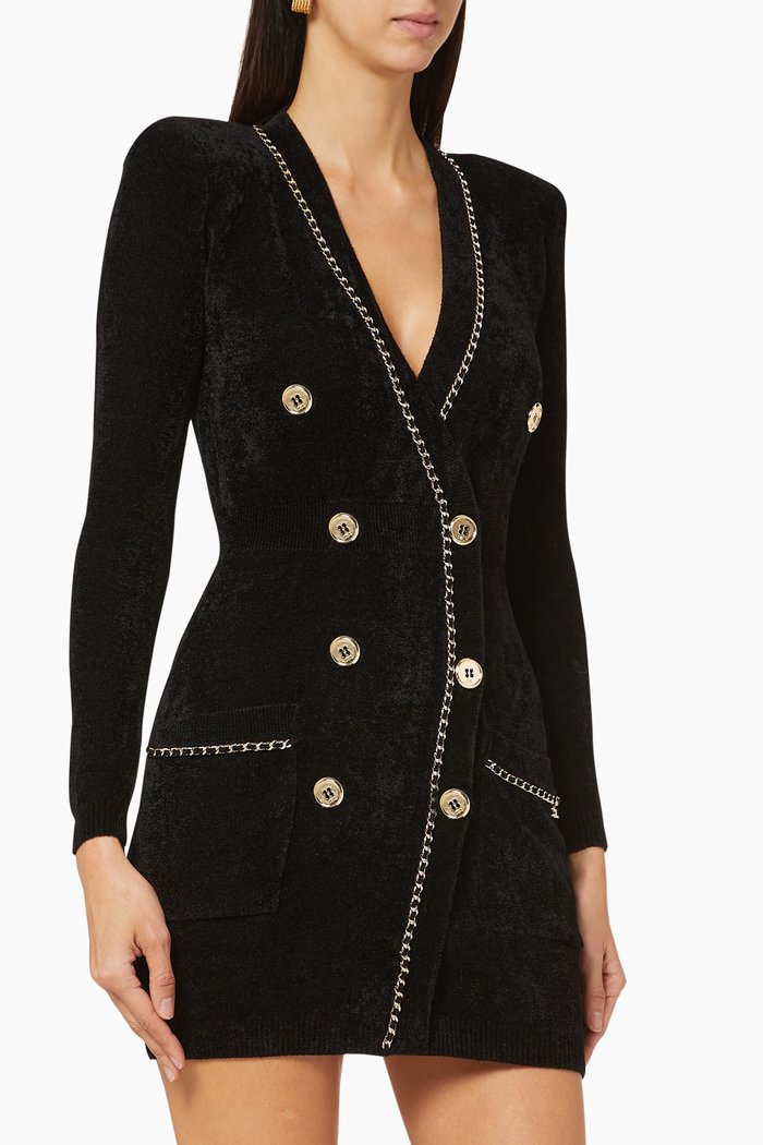 

Chain Appliqué Chenille Coat Dress, Black