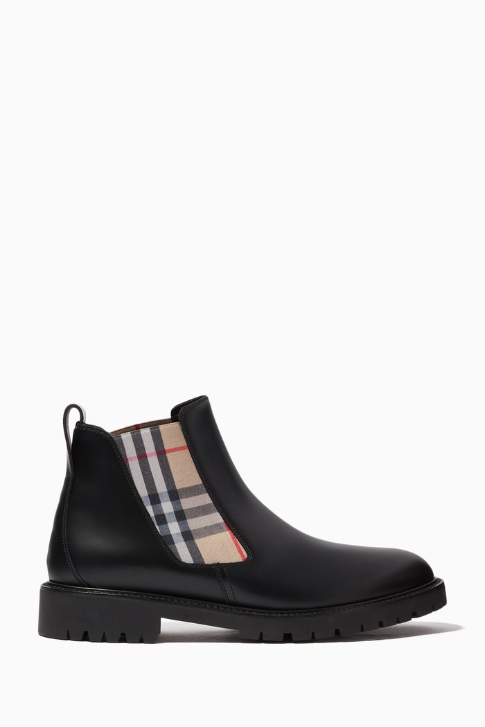 

Vintage Check Detail Chelsea Boots in Leather, Black