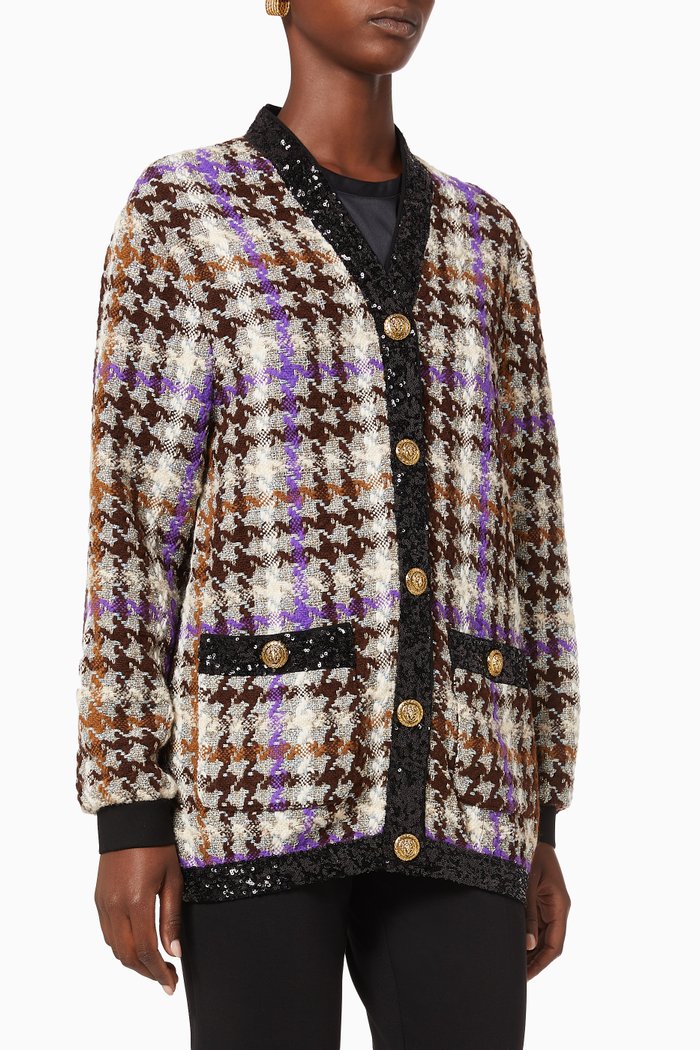

Houndstooth Sequin-Embellished Cardigan, Black