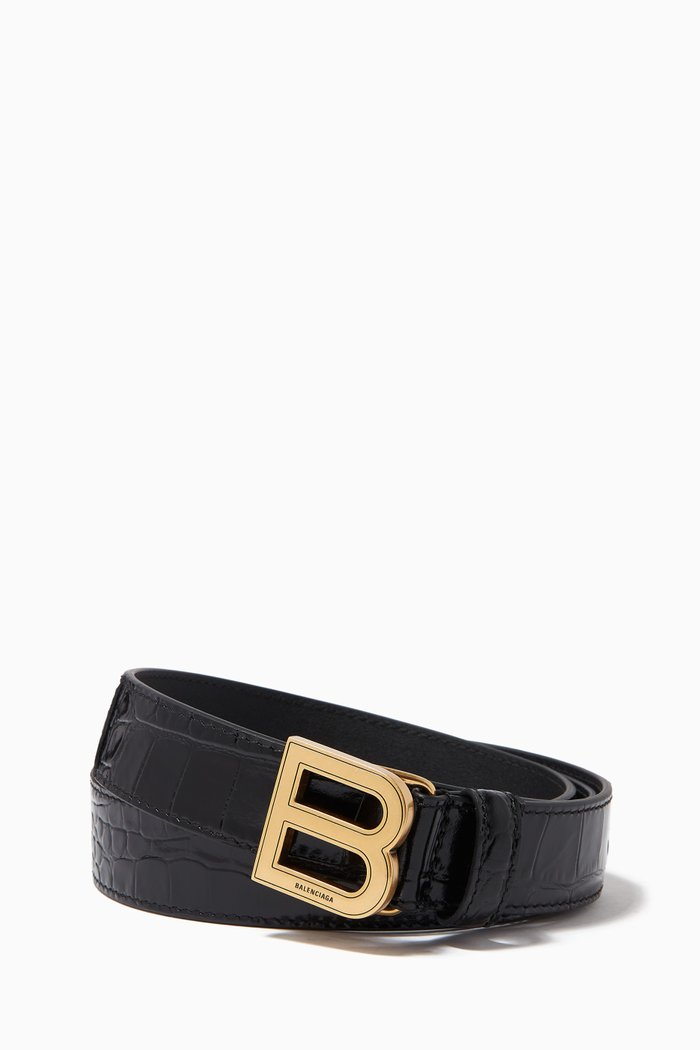 

Hourglass Belt in Shiny Crocodile Embossed Calfskin, Black
