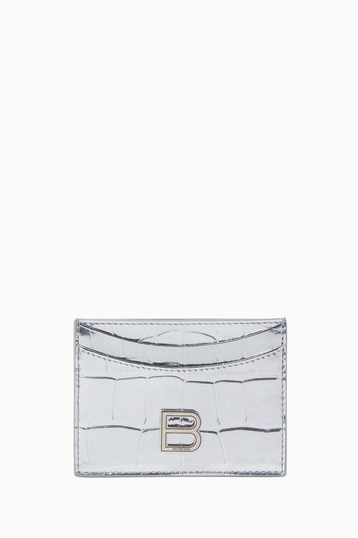 

Hourglass Card Holder in Metallic Crocodile Embossed Calfskin, Silver
