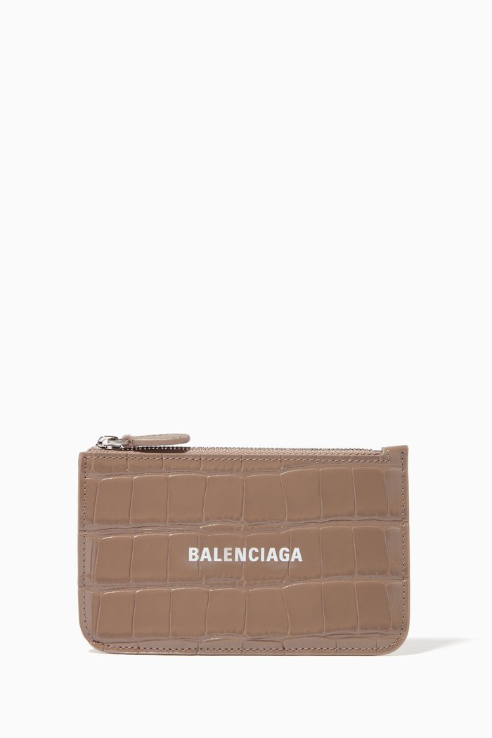 Cash Long Coin And Card Holder in Shiny Crocodile Embossed Calfskin, Grey