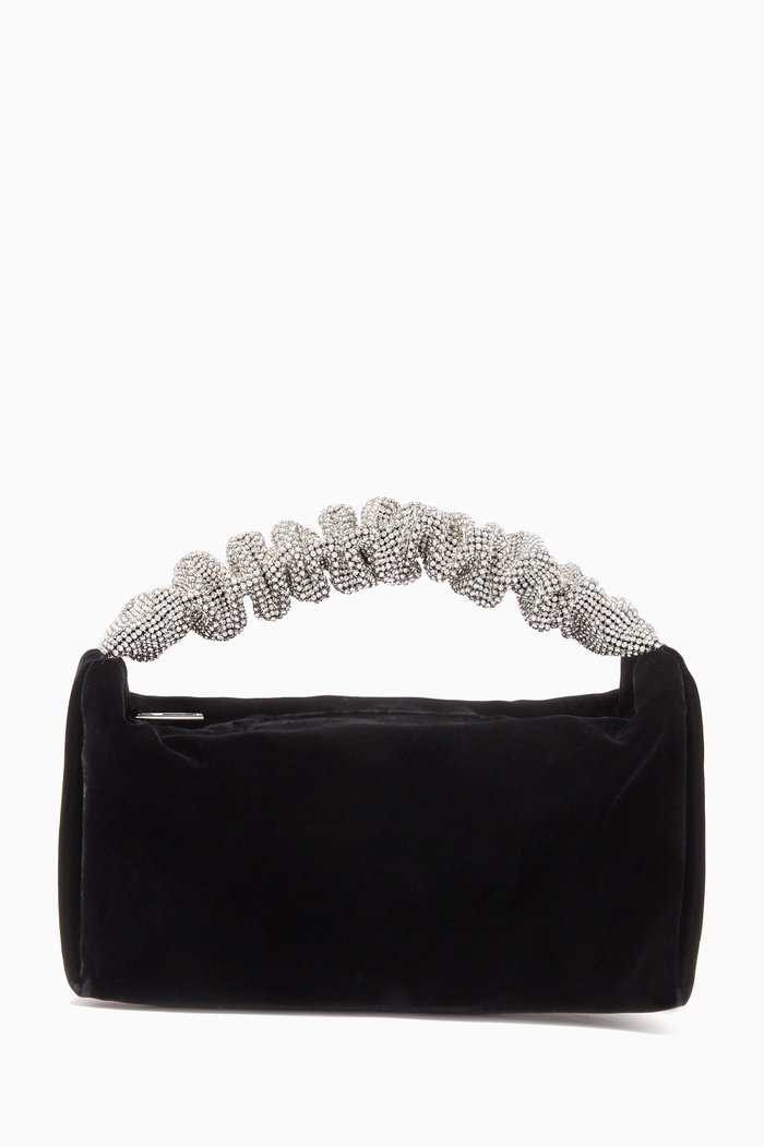 

Mini Scrunchie Shoulder Bag with Rhinestones in Velvet, Black