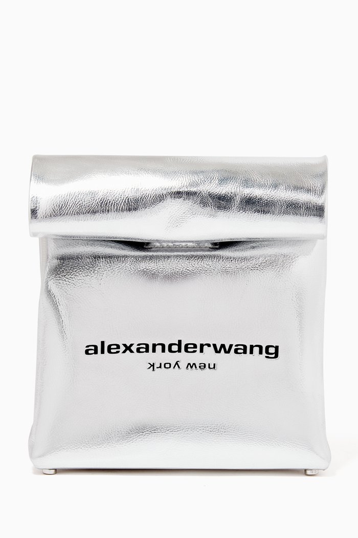 

Lunch Bag Clutch in Metallic Leather, Silver
