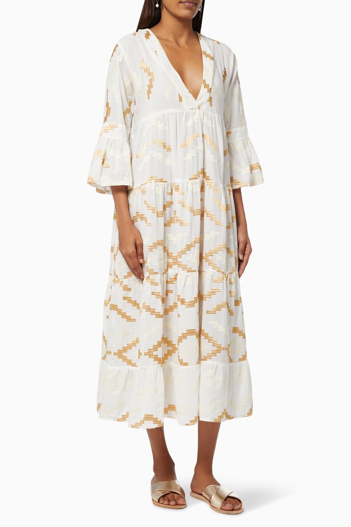 

Tiered Dress in Embroidered Cotton, White