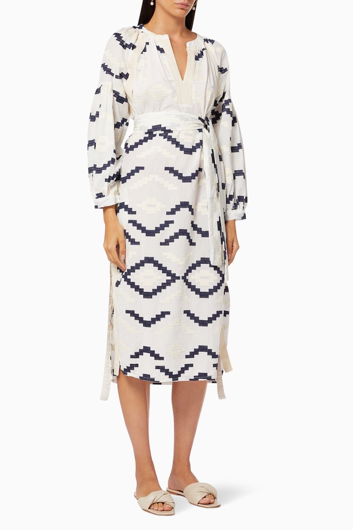 

Belted Dress in Embroidered Cotton, Blue