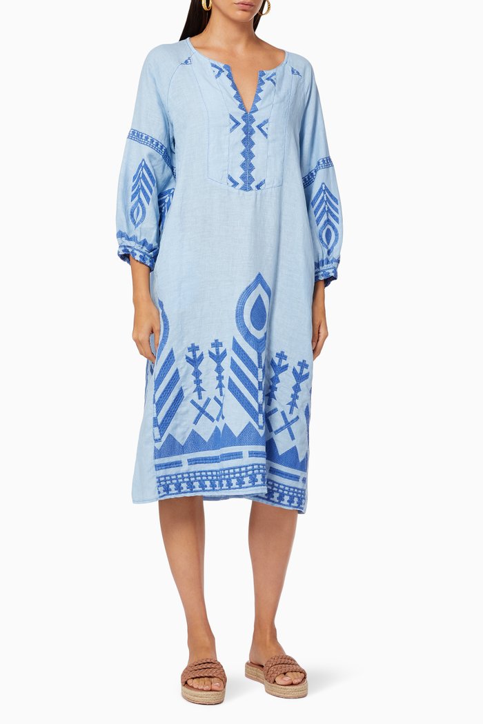 

Relaxed Dress in Embroidered Cotton, Blue
