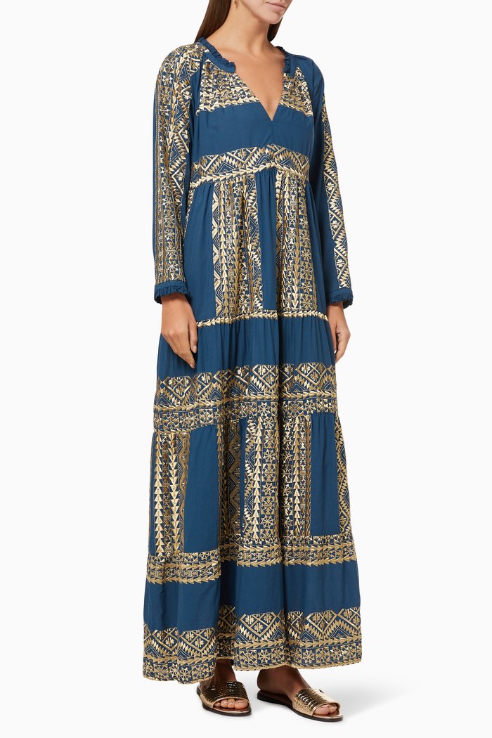

Tiered Printed Dress in Cotton, Blue