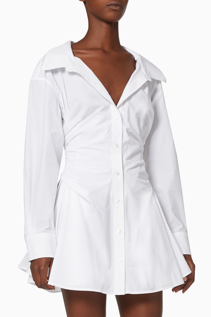 

Cinched Cotton Shirt Dress, White