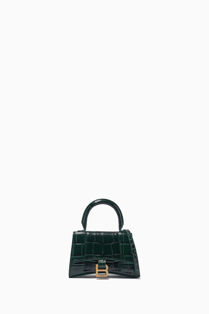 

Hourglass Nano Top Handle Bag in Shiny Crocodile Embossed Calfskin, Green