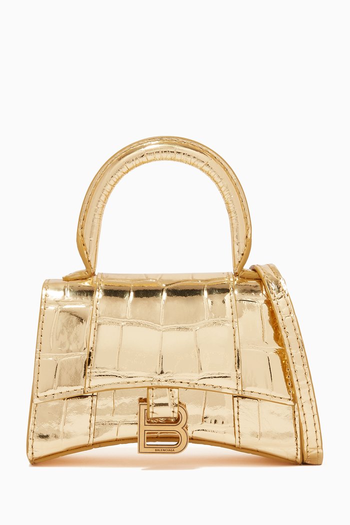 

Hourglass Nano Top Handle Bag in Metallic Crocodile Embossed Calfskin, Gold