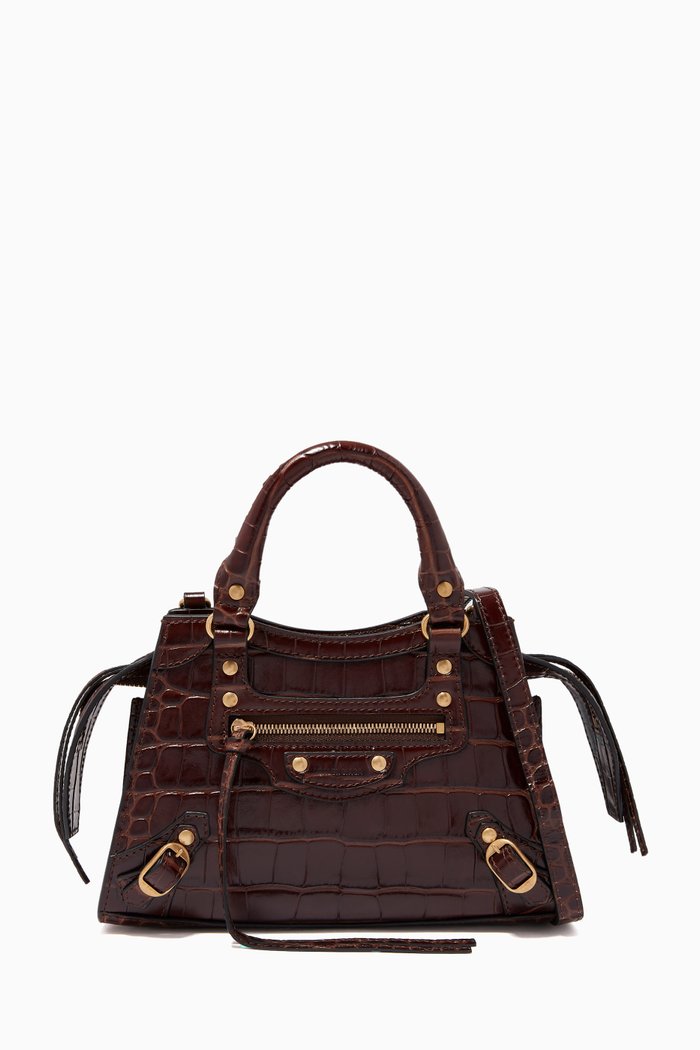 

Neo Classic Mini Top Handle Bag in Shiny Crocodile Embossed Calfskin, Brown