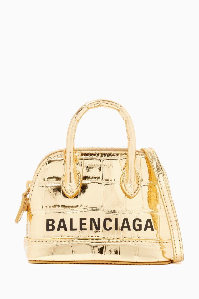 

Ville Mini Top Handle Bag in Metallic Crocodile Embossed Calfskin, Gold