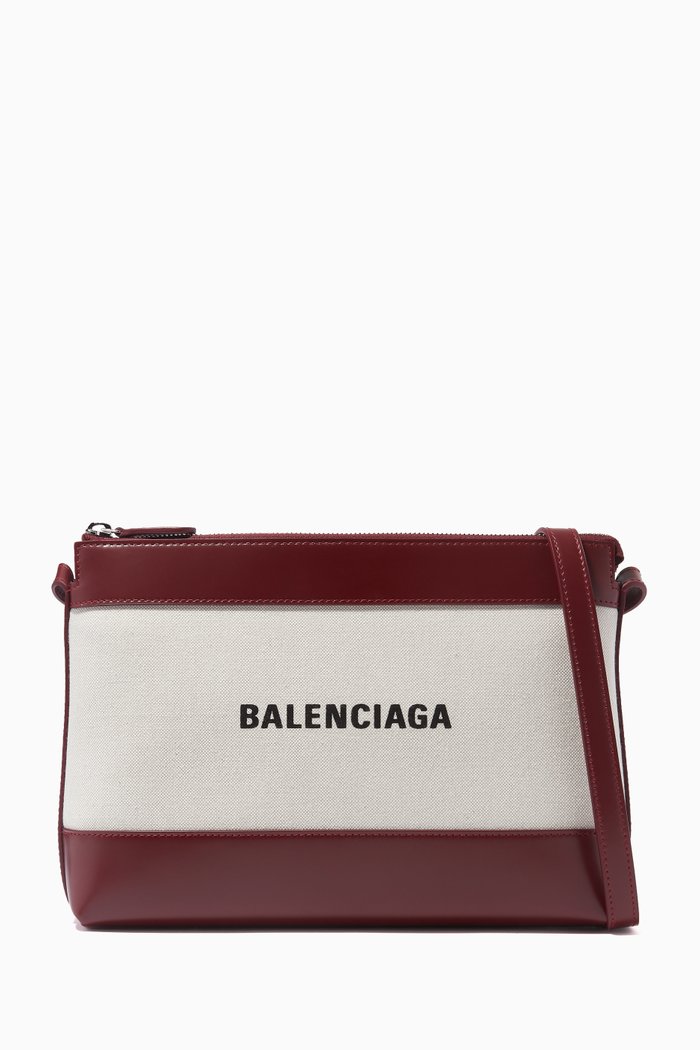 

Navy Crossbody Pouch in Organic Cotton Canvas & Calfskin, Red