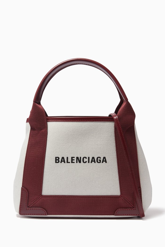 Navy XS Cabas in Organic Cotton Canvas & Calfskin, Red