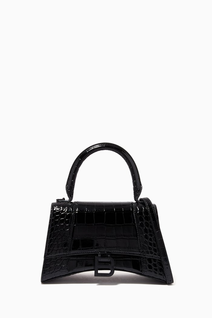 

Hourglass Small Top Handle Bag in Shiny Crocodile Embossed Calfskin, Black