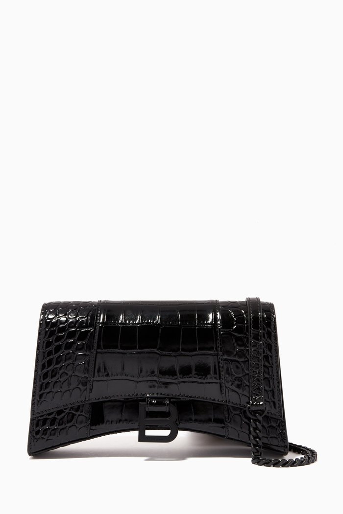 Hourglass Chain Shoulder Bag in Shiny Crocodile Embossed Calfskin, Black