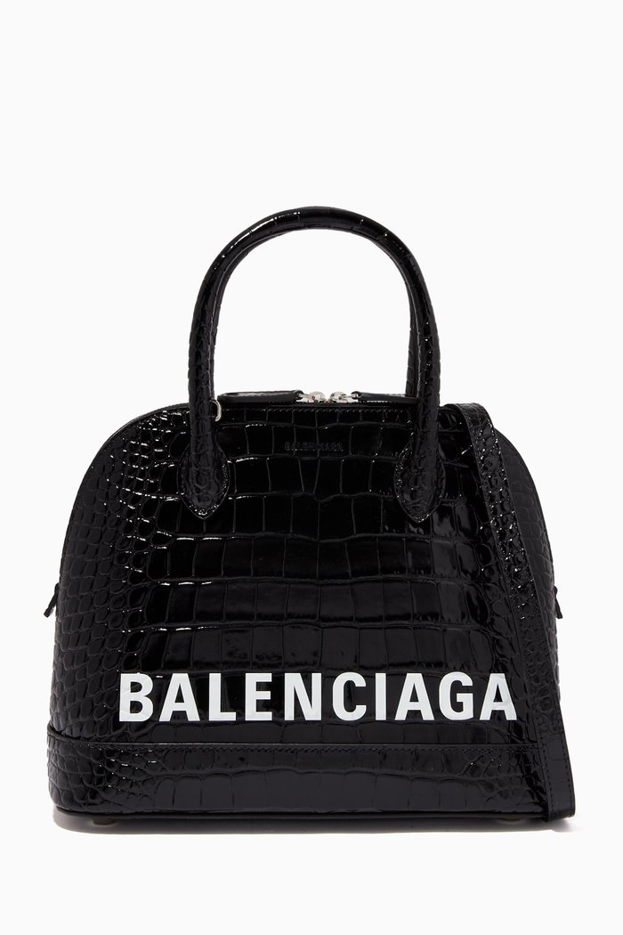 

Ville Small Top Handle Bag in Shiny Crocodile Embossed Calfskin, Black