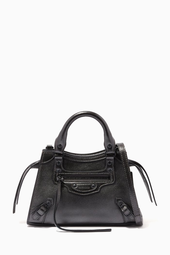 Neo Classic Mini Top Handle Bag in Metallic Calfskin, Grey