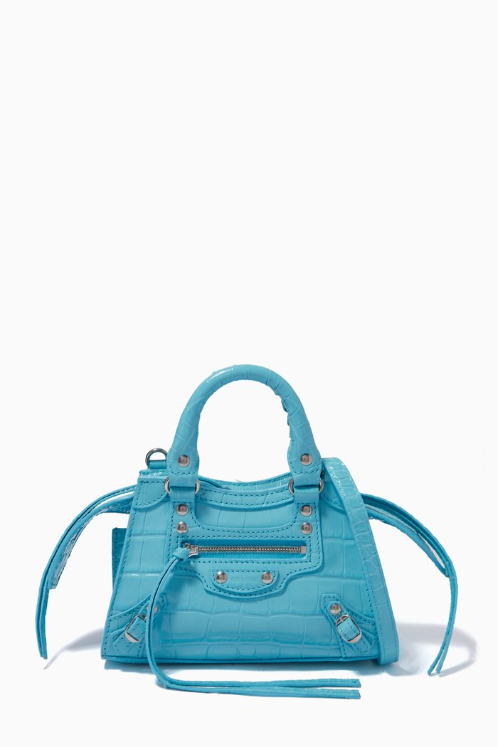 Neo Classic Nano Top Handle in Shiny Crocodile Embossed Calfskin, Blue