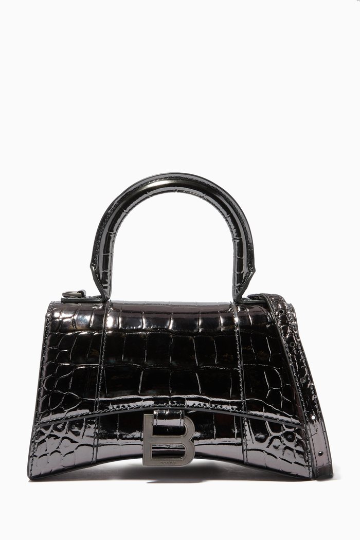 

Hourglass XS Top Handle Bag in Metallic Crocodile Embossed Calfskin, Grey