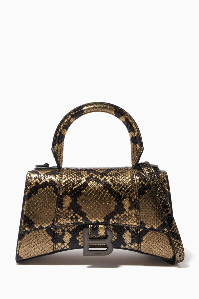 

Hourglass XS Top Handle Bag in Metallic Python Printed Calfskin, Gold