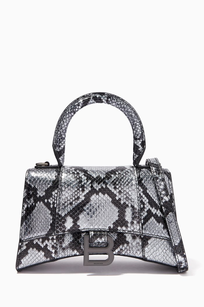 

Hourglass XS Top Handle Bag in Metallic Python Printed Calfskin, Silver