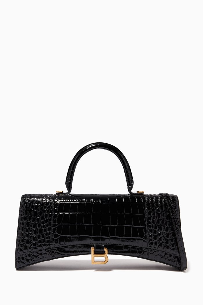 

Hourglass Streched Top Handle Bag in Shiny Crocodile Embossed Calfskin, Black