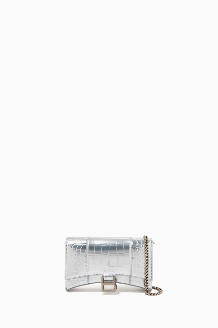 

Hourglass Mini Wallet on Chain in Metallized Crocodile Embossed Calfskin, Silver