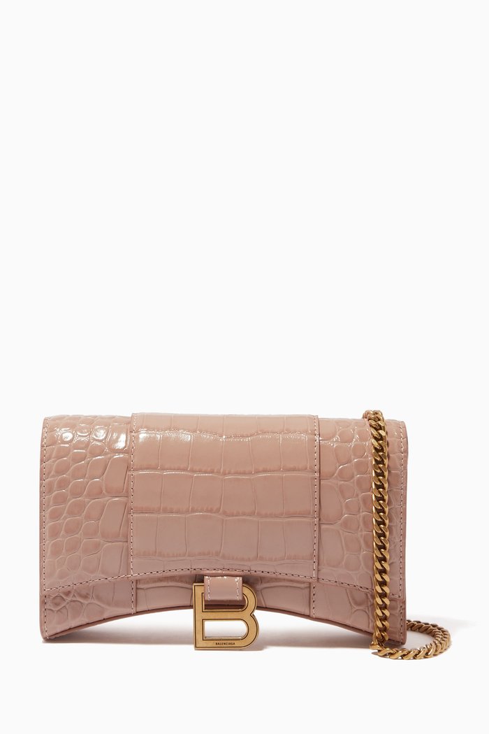 

Hourglass Mini Wallet on Chain in Shiny Crocodile Embossed Calfskin, Neutral