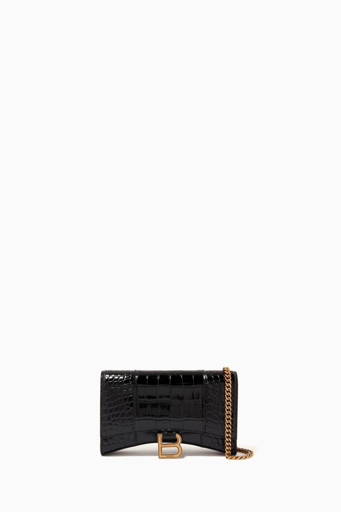 

Hourglass Mini Wallet on Chain in Shiny Crocodile Embossed Calfskin, Black